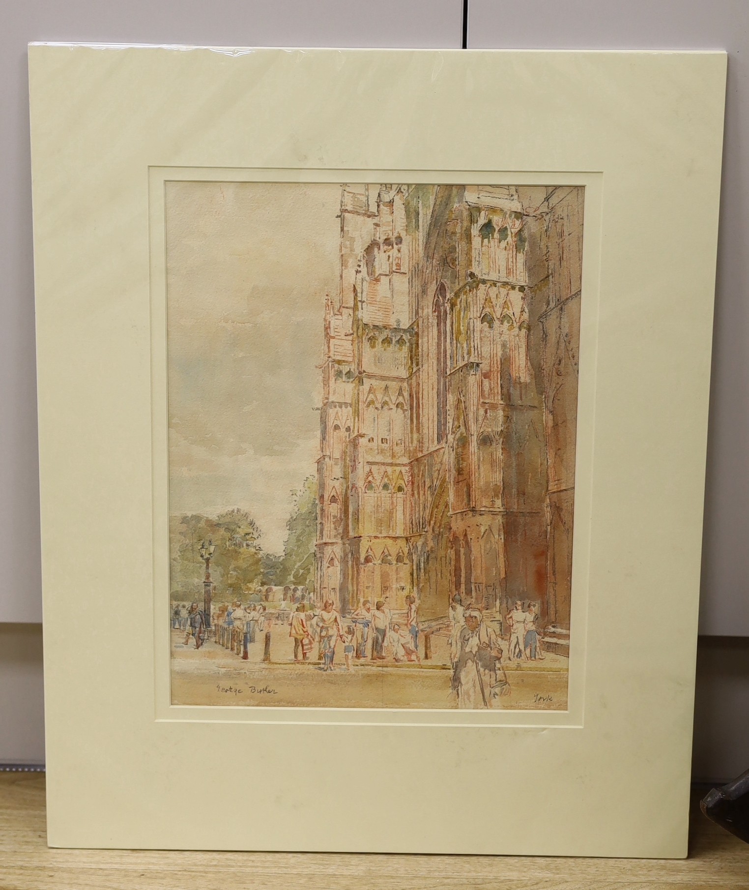 George Butler (1904-1999), watercolour, 'York', figures outside Yorkminster Cathedral, signed, 37 x 28cm, unframed